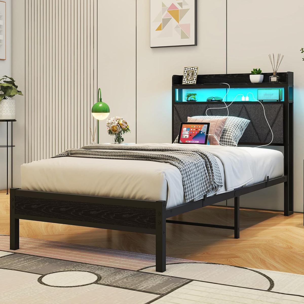 Gestoffeerd bedframe 90 x 200 cm, eenpersoonsbed frame met led en laadstation, bedframe met opbergruimte, tienerbed, logeerbed met hoofdeinde, perfect voor slaapkamer, logeerkamer, donkergrijs
