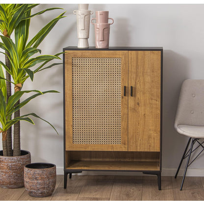 DRW Schoenenkast met 2 deuren van hout in zwart en natuur, 80 x 36 x 115 cm, hoogte: 15 cm