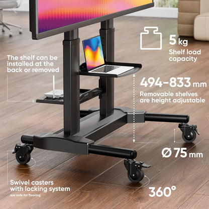 ONKRON Tv-standaard, rolbaar voor 40-80 inch tv's tot 55,5 kg, televisiestandaard, in hoogte verstelbaar, van aluminium, max 700 x 400 VESA-standaard, televisiewagen, rolwagen/tv-wagen met wielen,