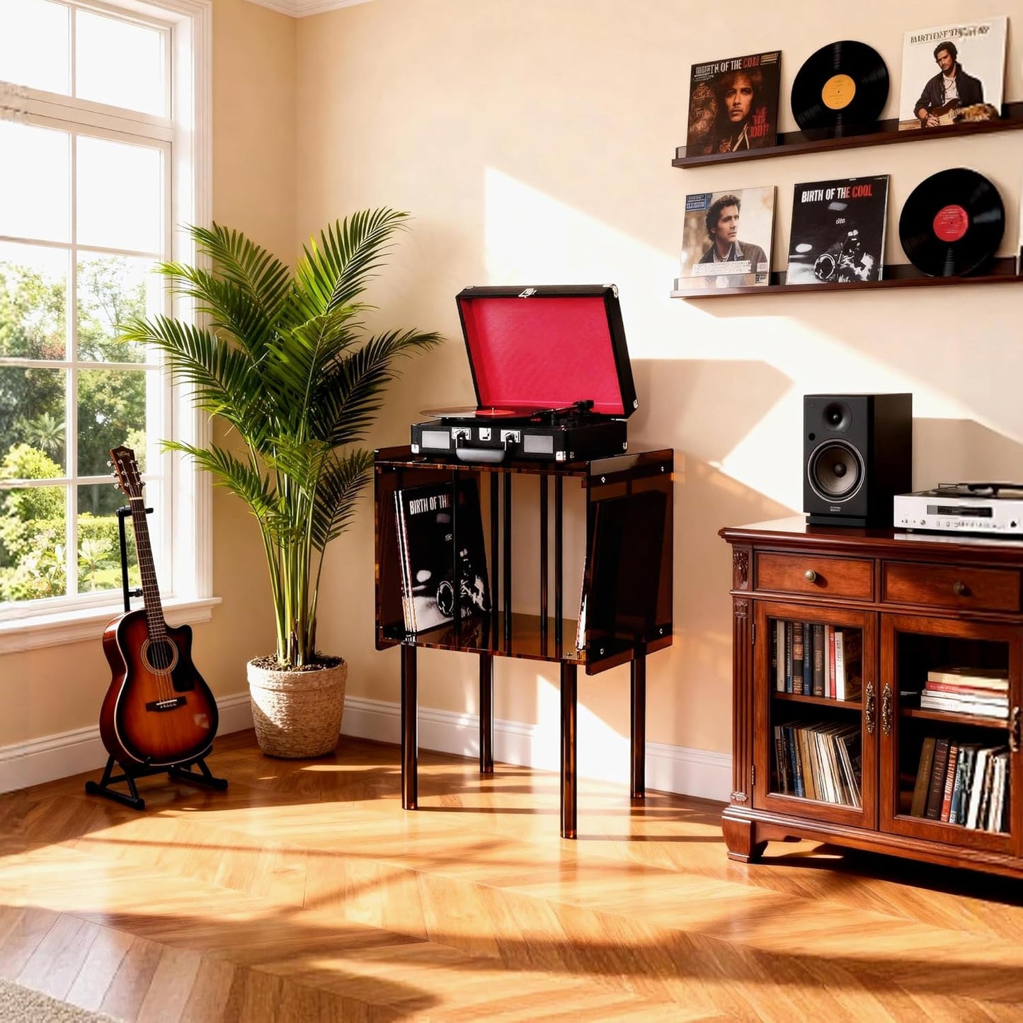 Acryl Platenspeler Standaard – Draaitafelstandaard – Bijzettafel – Nachtkastje – Vinyl Opbergtafel – Donkerbruin – Met Vinylopslag – 40 x 35 x 66 cm