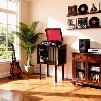 Acryl Platenspeler Standaard – Draaitafelstandaard – Bijzettafel – Nachtkastje – Vinyl Opbergtafel – Donkerbruin – Met Vinylopslag – 40 x 35 x 66 cm