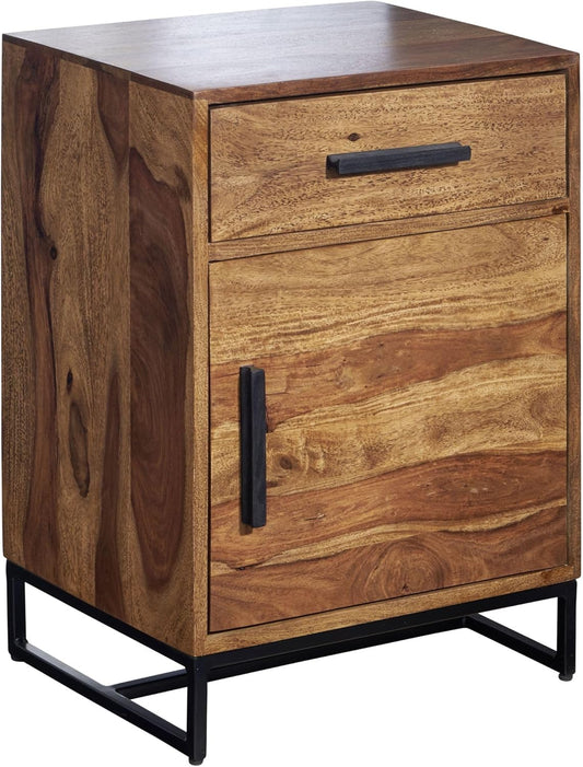 Nachtkastje – Bedmeubel – Bijzettafeltje – Bedtafeltje – Ladekastje – Massief Sheesham Hout – Gepoedercoat Metalen Frame – 45x35x65 cm - QUORE