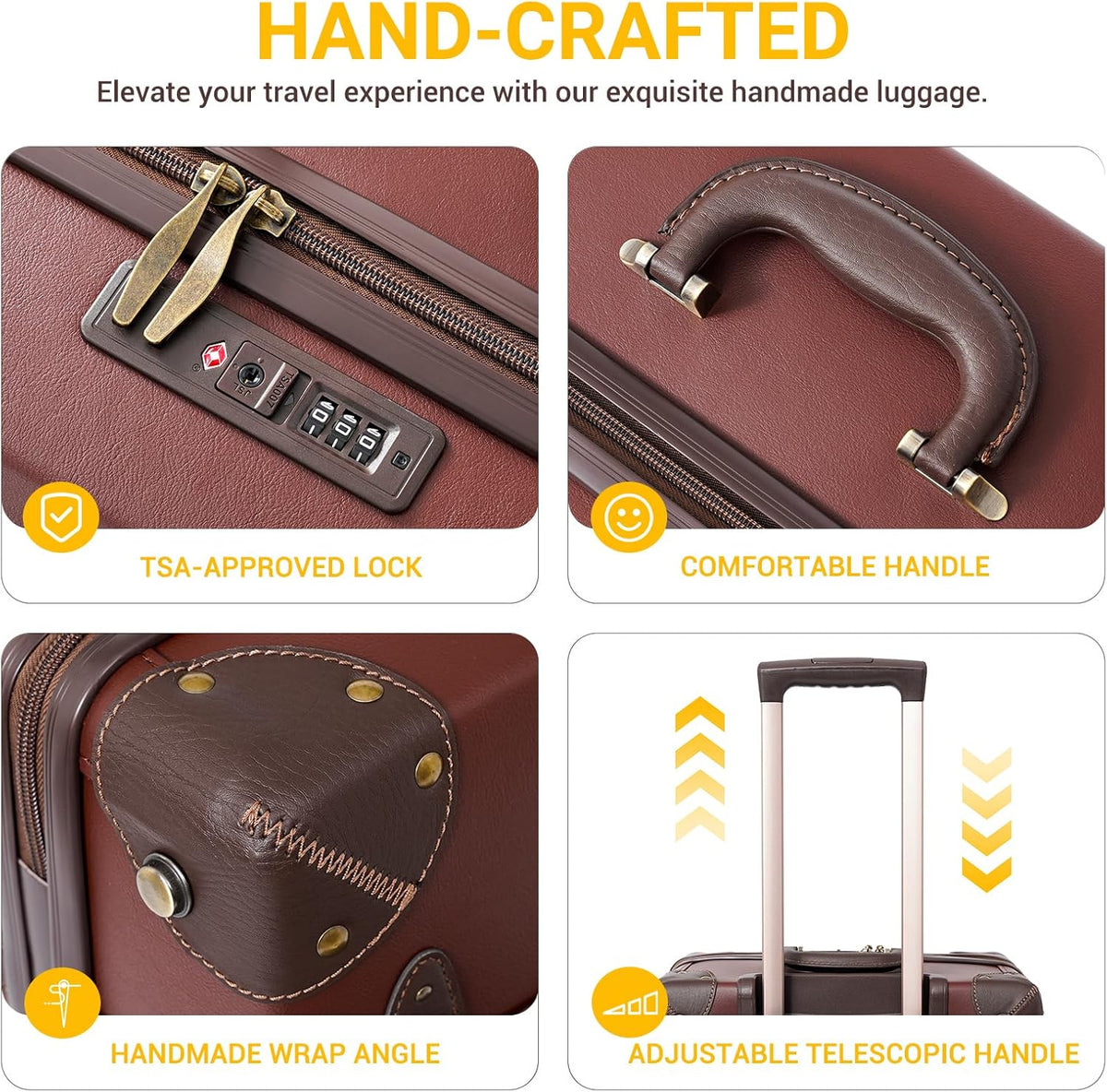 Urecity Vintage reiskofferset, 4-delig, licht, retro, lederen koffer, harde schaal, trolley, handbagage, sets met TSA-slot en 8 wielen (S-M-L-XL), KaRAMELL BRUIN, S(14")+M(20")