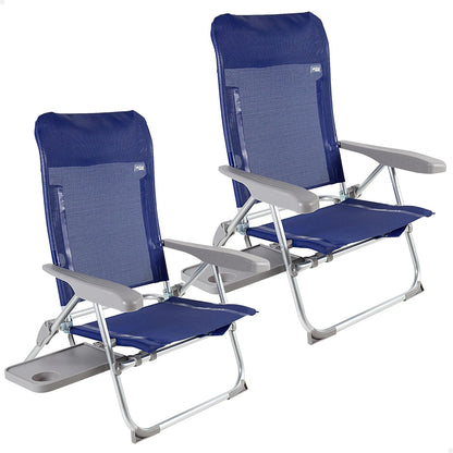 AKTIVE Set van 2 strandstoelen, plat inklapbaar, zeer compact, meerdere posities, 6 posities, met kussen en tafel, handgrepen voor eenvoudig transport, afmetingen 47 x 57 x 89 cm, van aluminium en