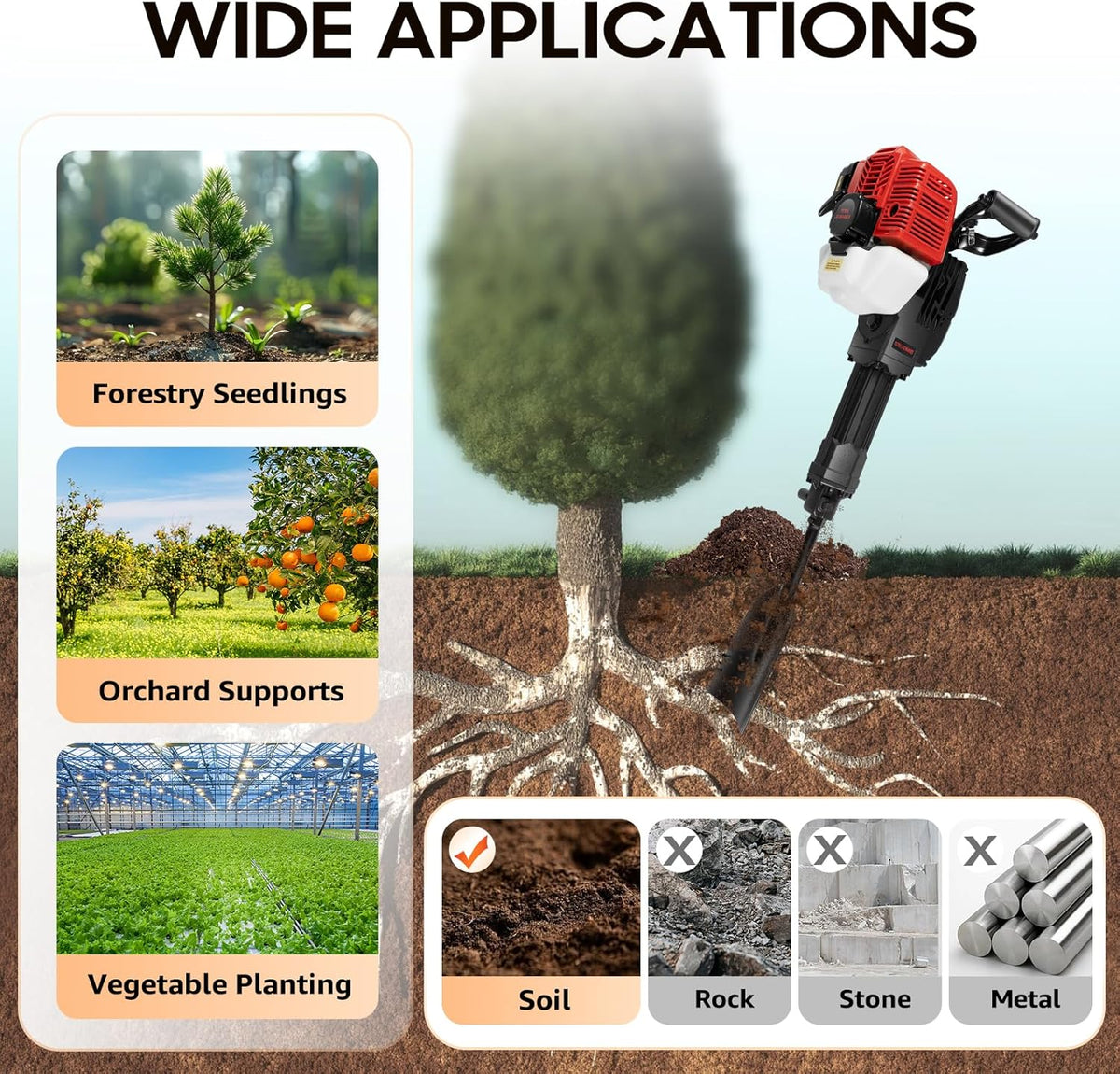 OUKANING Petrol Garden Tree Digging, 52 cc, 2 Strips, Pole Hole Digging, Petrol, 1.3 L, Tank, 1900 W, Excavator, Hand Excavator, 1500 Times/Min, Earth Drill, Tree Plant Shovel, Hand Digging Cutter - QUORE