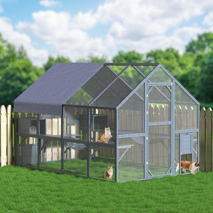 Wiltec kattenren 280 x 187 x 187 cm, buitenverblijf voor katten, speelkooi van dennenhout, kattenkooi voor speelruimte voor katten en huisdieren, kattenvolière met waterdicht dak