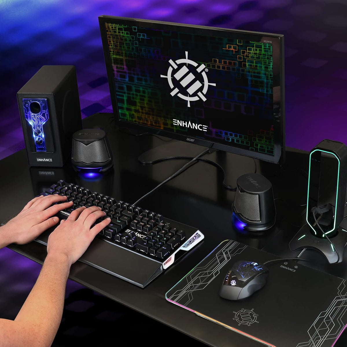 ENHANCE SB 2.1 Computerluidspreker met subwoofer – blauwe led-gamingluidspreker, high-excursion-geluidssysteem, AC-voeding, volume- en basregeling, compatibel met gaming-pc, desktop, laptop