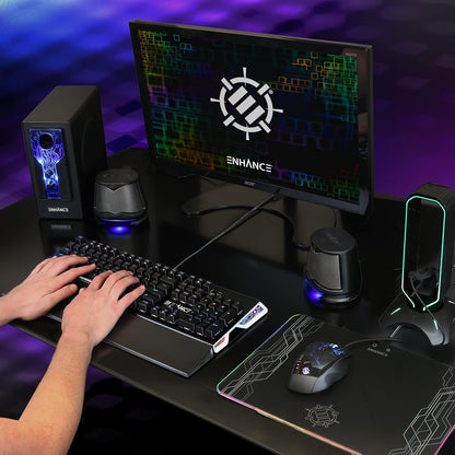 ENHANCE SB 2.1 Computerluidspreker met subwoofer – blauwe led-gamingluidspreker, high-excursion-geluidssysteem, AC-voeding, volume- en basregeling, compatibel met gaming-pc, desktop, laptop