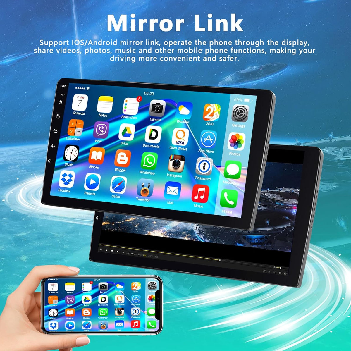 2+64G Auto Radio 2 din Android met Bluetooth GPS -Navigatie, Motorsi Dubbele din Carplay Radio Auto met Scherm, Stereo Auto Support Mirrorlink/FM/WIFI/USB/SWC + Achteruitrijcamera + Microfoon