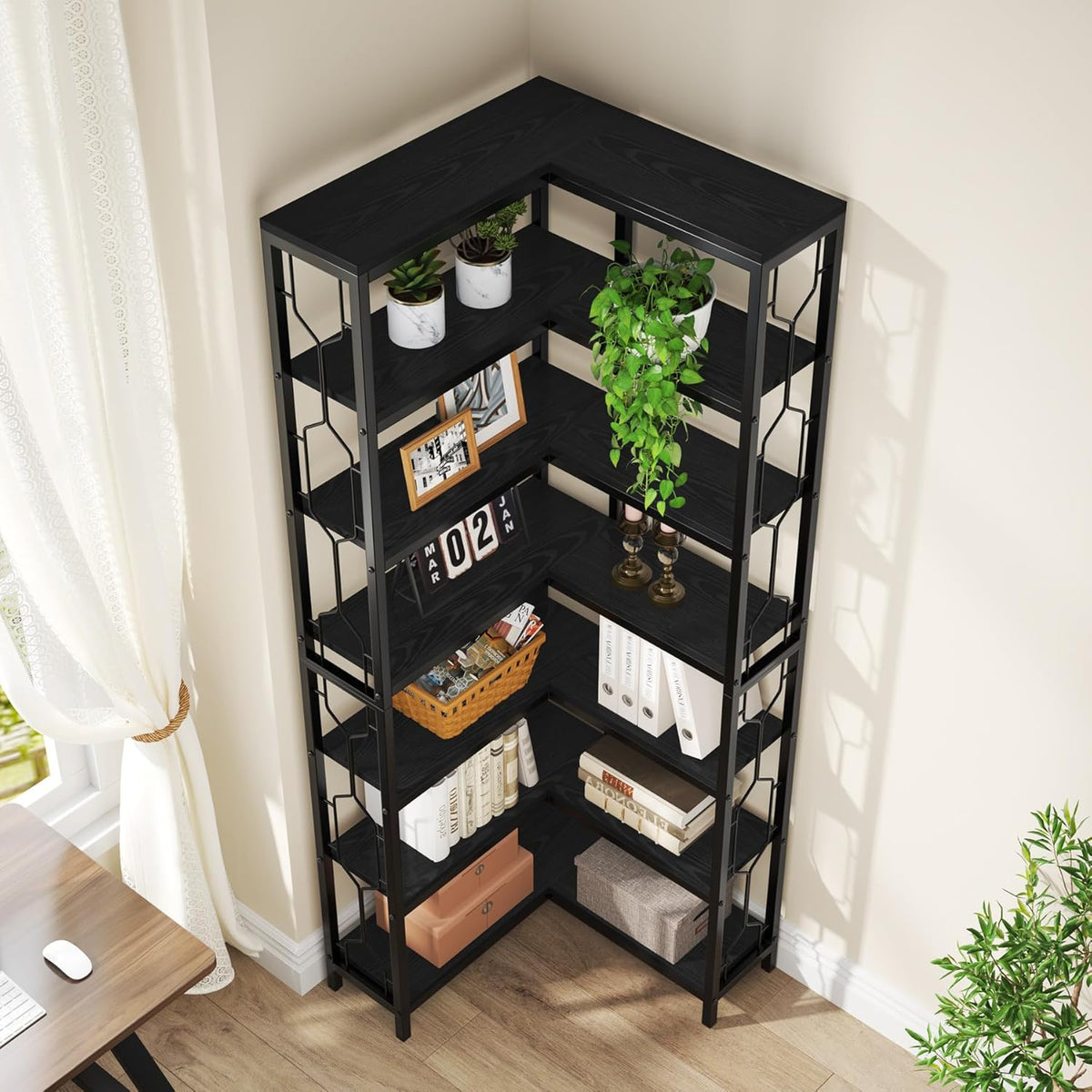Tribesigns Corner Shelf, 7 Tier Industrial Corner Bookshelf, Wooden and Metal Corner Bookcase, Freestanding Display Shelf for Living Room, Kitchen, Home Office, Black