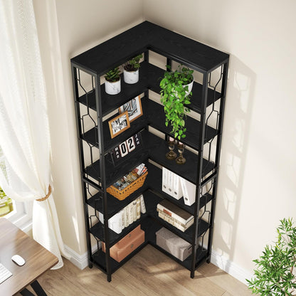 Tribesigns Corner Shelf, 7 Tier Industrial Corner Bookshelf, Wooden and Metal Corner Bookcase, Freestanding Display Shelf for Living Room, Kitchen, Home Office, Black