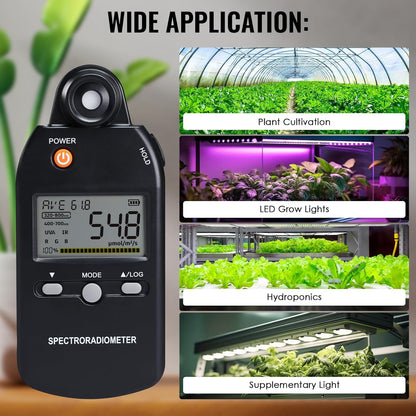 PAR-meter, Spectroradiometer Quantum PPFD-meter, Full-Spectrum Lichtmeting 320-800nm | UV, Zichtbare & IR-analyse, Kleurweergave, Plantengroeitesten | Gegevensrecord, MAX/MIN/AVG, statiefbevestiging