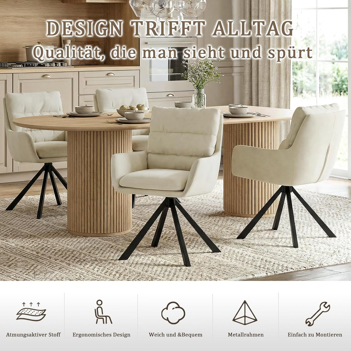 Eetkamerstoelen, draaibaar, set van 1 met armleuning, 360 graden draaibare enkele stoel met dubbele rugleuning, afneembaar zitkussen, fluweel, keukenstoel voor eetkamer en woonkamer, kantoor