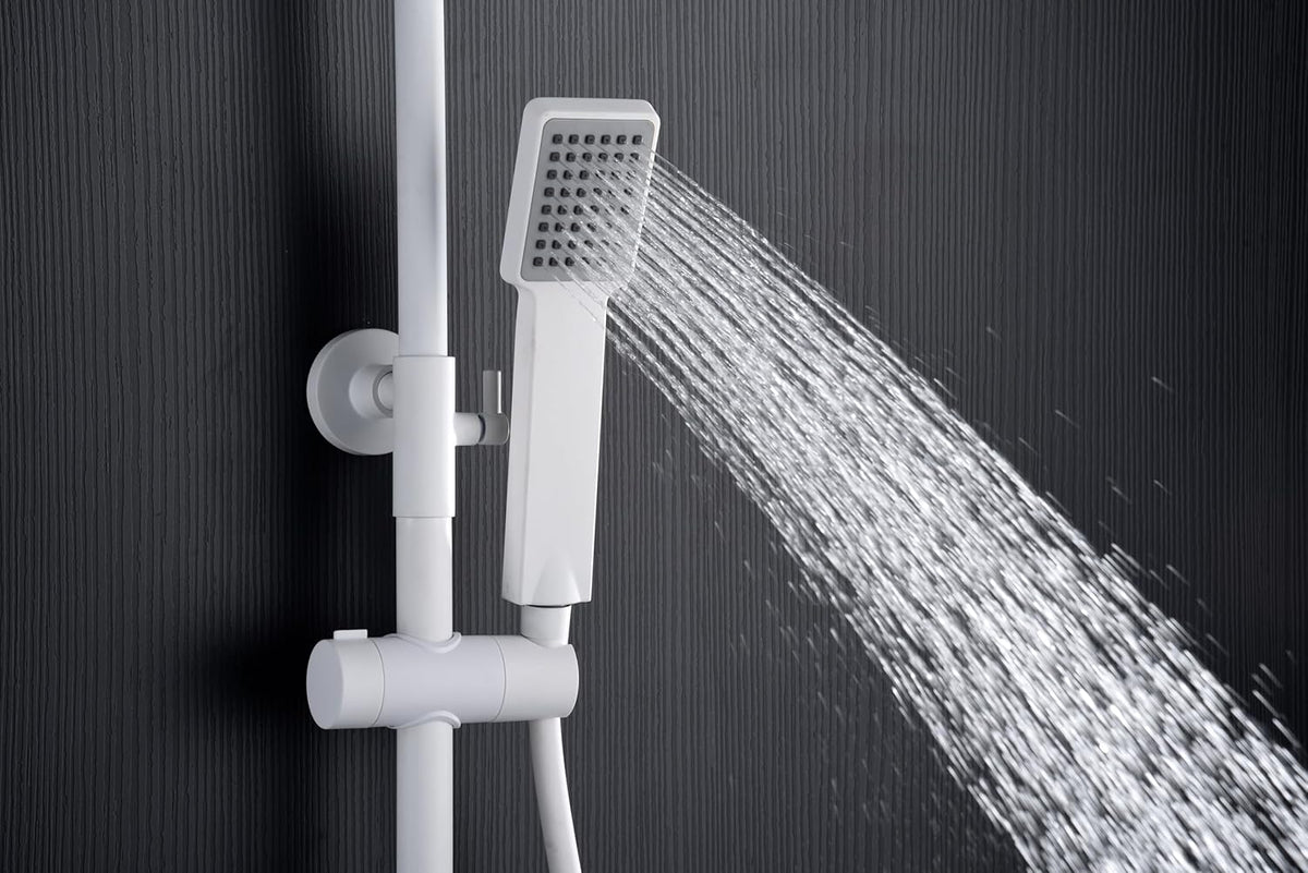 Thermostatische Douchekolom – Douchegarnituur – Douchekraan – Douchepaneel – Douche Set – Mat Wit – Roestvrij Staal – 20 cm Vierkante Douchekop
