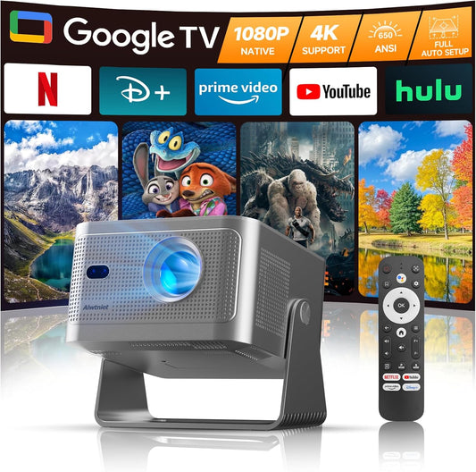 Alwtniet Beamer 4k met Google TV, native Full HD 1080p mini-projector, thuisbioscoop, bluetooth, wifi, kleine smart korte afstand, projector, autofocus/6d trapeziumcorrectie voor outdoor, mobiele