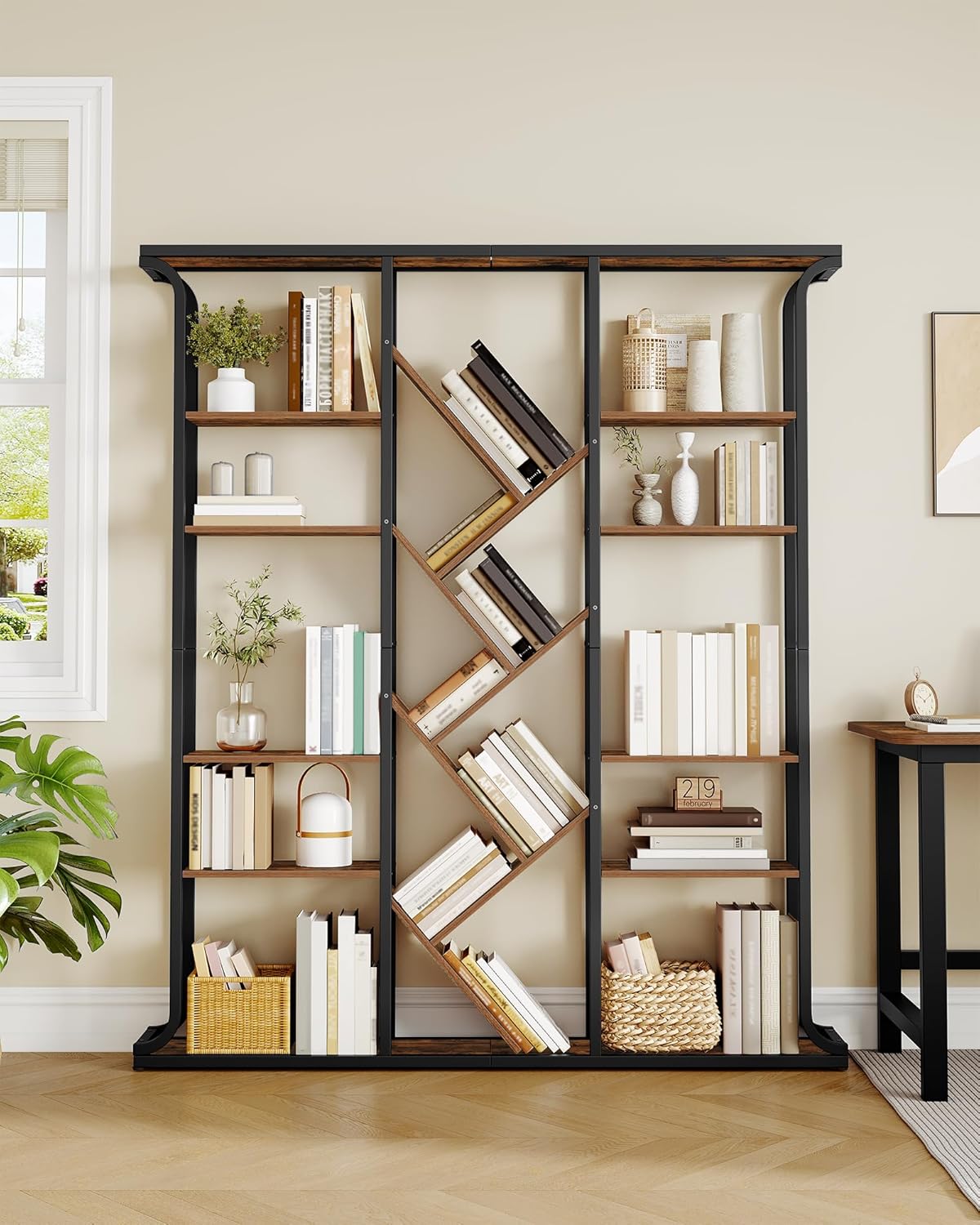 Hzuaneri BC53201B Bookcase, 3 Columns, 6 Animals, Tree-Shaped Bookcase, 17 Compartments, Open Independent Shelves, for Home Office, Bedroom, Living Room, 24 x 156 x 180 cm, Vintage Brown-Black