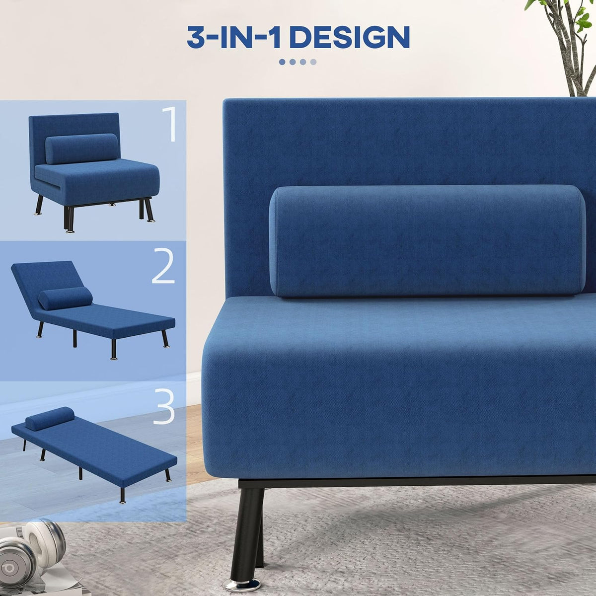 HOMCOM Schlafsessel, Klappbett mit Bettfunktion, Rückenkissen, Klappbar Relaxsessel mit Leinenoptik, Verstellbarer Rückenlehne, 75 x 70 x 75 cm, Dunkelblau - QUORE