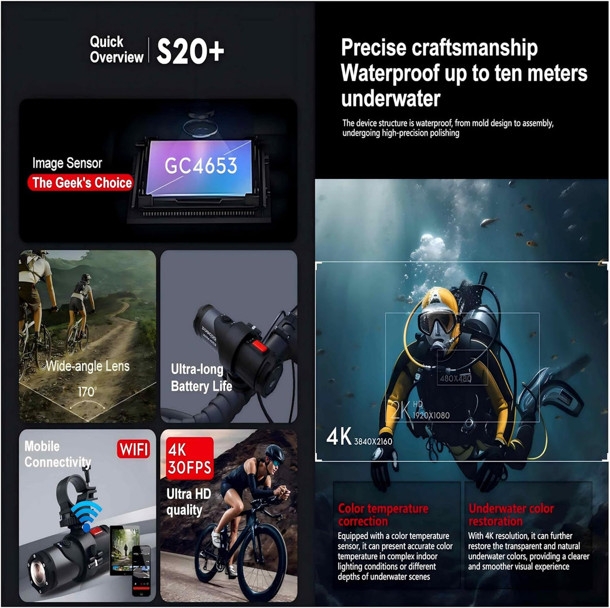 S20+ 4K 30FPS 16MP Actiecamera, Sport Actiecamera, Helmcamera, Mini HD Actie Videocamera, HD Filmen WiFi Sport Cam 10M Waterdicht 170° Groothoek