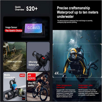 S20+ 4K 30FPS 16MP Actiecamera, Sport Actiecamera, Helmcamera, Mini HD Actie Videocamera, HD Filmen WiFi Sport Cam 10M Waterdicht 170° Groothoek