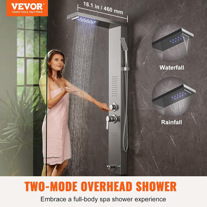 VEVOR Douchekaneelsysteem met 5 modi, led-douchepaneeltoren, regen, waterval, 2 straalsoorten, lichaamsmassage, baduitloop, handdouchekop met slang 1,5 m, doucheset