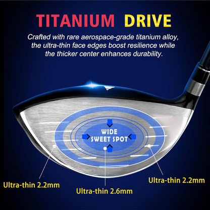PGM 18-delige golfclubset voor heren, 12 stuks clubs - titanium #1 driver, trekvooringenomen hybride, sterke ijzers, vergevingsgezinde putter, standbag met 5 hoofddeksels