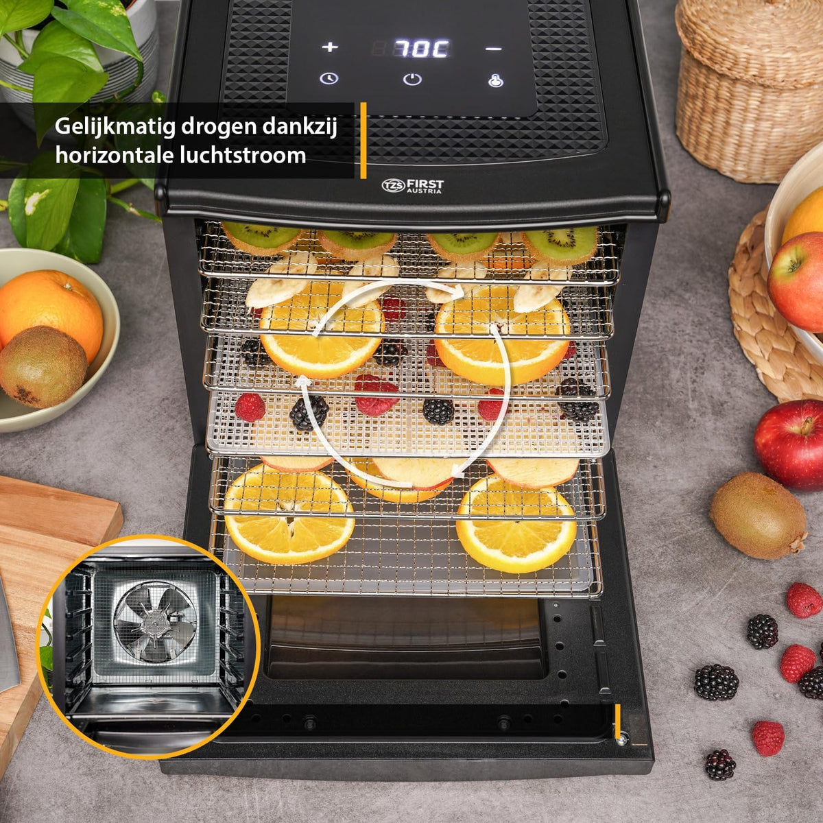 TZS First Austria Dehydrator - Dehydrator voor fruit, groenten en vlees - Digitaal met timer en temperatuurregeling 35-70°C - 6 roestvrijstalen niveaus, dehydrator met timer