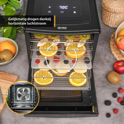 TZS First Austria Dehydrator - Dehydrator voor fruit, groenten en vlees - Digitaal met timer en temperatuurregeling 35-70°C - 6 roestvrijstalen niveaus, dehydrator met timer