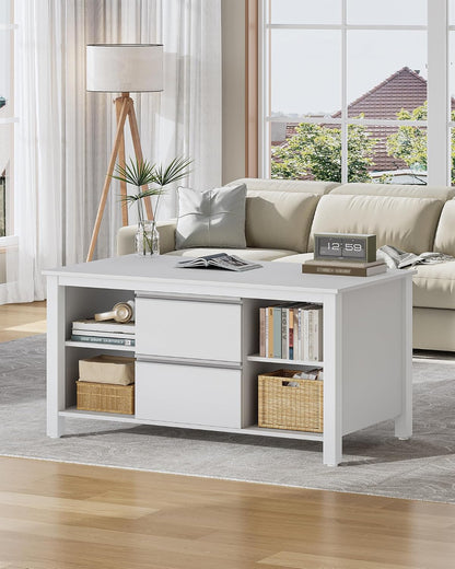 Hzuaneri coffee table, coffee table with 2 drawers and 4 open compartments, coffee tables with sofa, steel table legs, for living room, 50 x 100 x 50 cm white-silver CT22003W