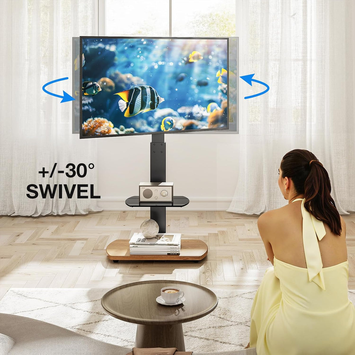 TTAP TV-standaard voor 32-65 inch tv's met eiken voet en enkel glazen plank/met draaibare en in hoogte verstelbare montagebeugel (OAK)