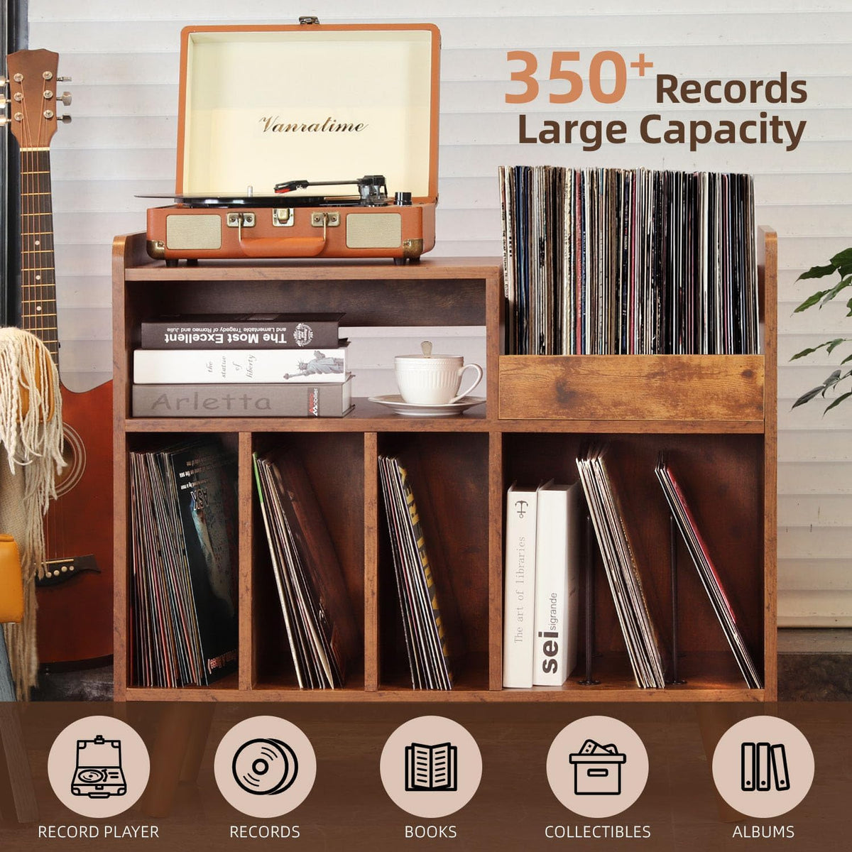 Mid-century Record Player Stand with Vinyl Storage for Up to 350+ Albums, Vinyl Record Cabinet with Adjustable Shelves, Brown
