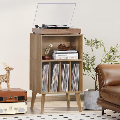 Platenspelerstandaard – Draaitafelstandaard – Vinyl Opbergkast – Platenkast – Platenspelerhouder – Eiken Look – Tot 160 Platen – Massief Houten Poten