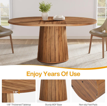 Tribesigns Oval Dining Table for 6 People, 140 cm Farmhouse Wood Dining Table, Rustic Kitchen Table with Wooden Table Top and Cylindrical Pedestal for Dining Room (Brown)