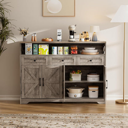 Sideboard, keukenkast met laden, opbergkast, dressoir met open plank, koffiebarkast voor keuken, eetkamer, woonkamer, 130 x 35 x 95 cm, grijs in houtlook