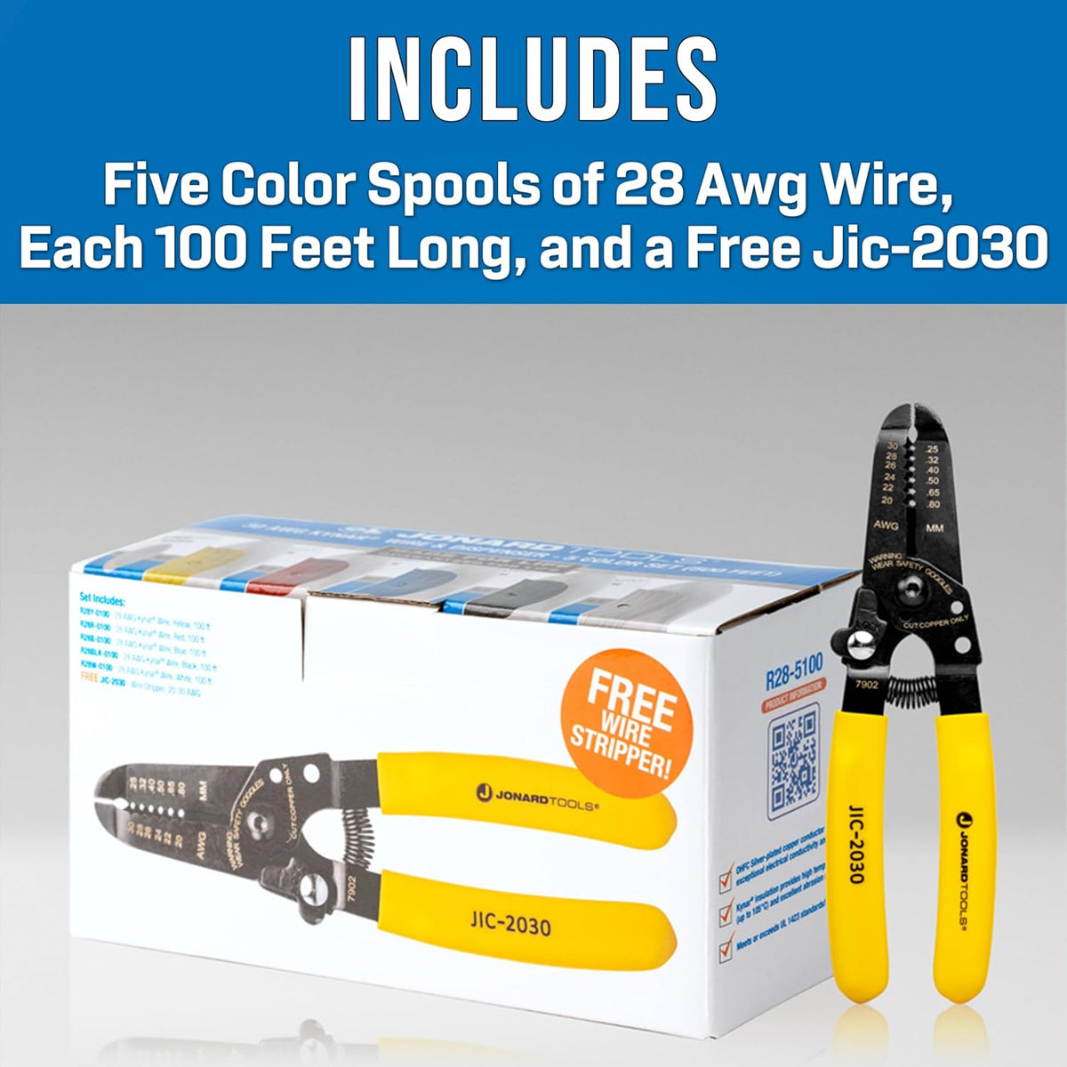 Jonard Tools R28-5100 28 AWG Kynar Wire & Dispenser Box Set met Inclusief Draadstripper - 5 Color Pack (500 ft)
