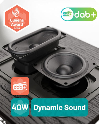 DAB+ Bluetooth radio en cd-speler, 40 W netvoeding hifi-systeem voor thuis, geïntegreerde luidsprekers, led-display, dubbel alarm, 20 voorinstellingen en FM, USB, MP3, AUX, afstandsbediening