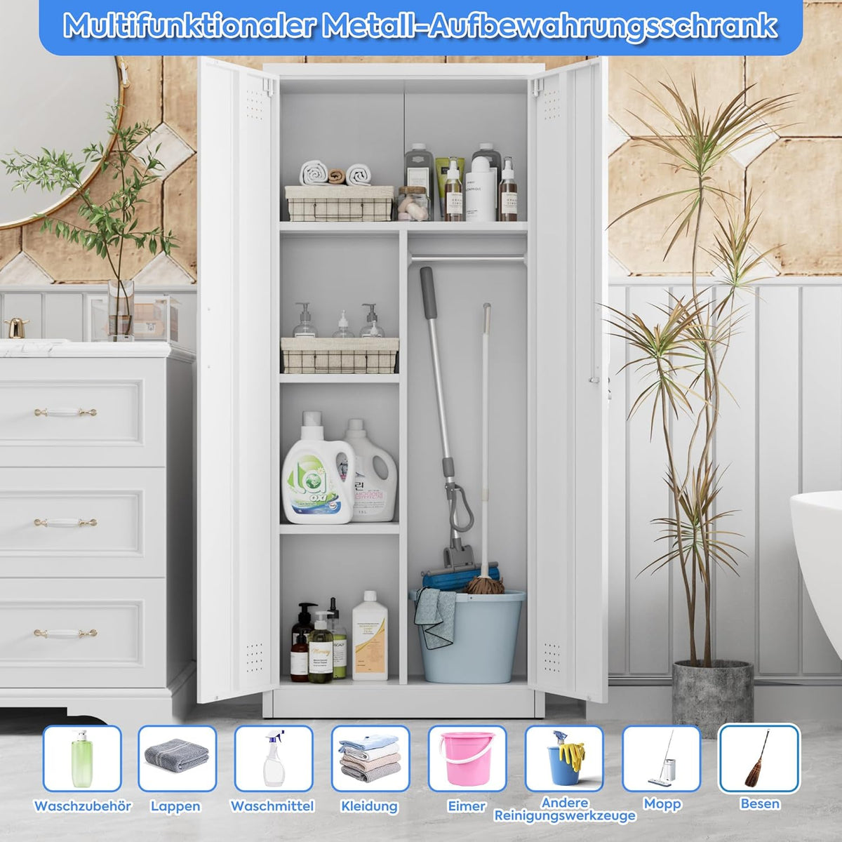 Bestekkast met ventilatie en magneetsluiting, multifunctionele kast, stabiele stalen kast voor stofzuigers, schoonmaakmiddelen, wasgoed en huishoudelijke accessoires, 70 x 30 x 165 cm, wit