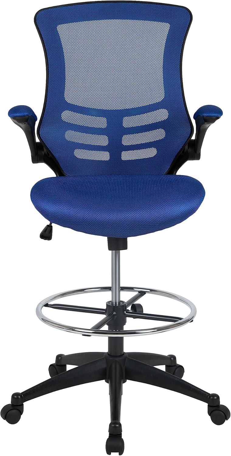 Flash Furniture Tekenstoel met middelhoge rugleuning, ergonomische bureaustoel met opklapbare armleuningen en verstelbare voetring, perfect voor thuiskantoor, blauw