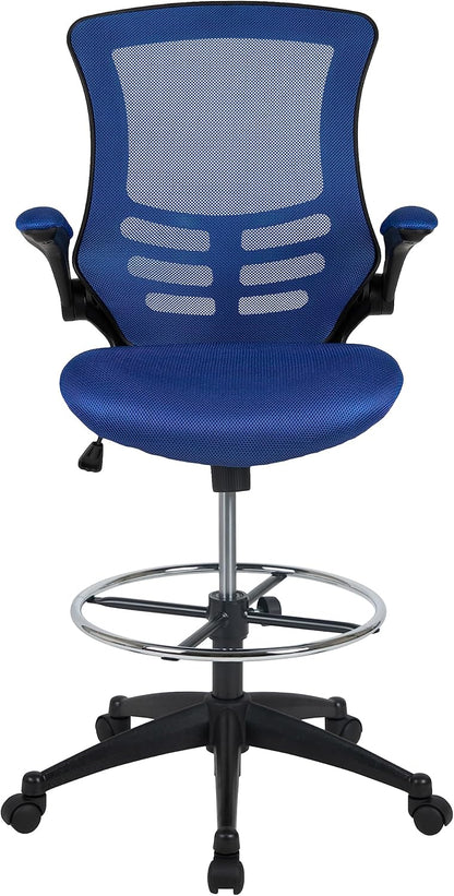Flash Furniture Tekenstoel met middelhoge rugleuning, ergonomische bureaustoel met opklapbare armleuningen en verstelbare voetring, perfect voor thuiskantoor, blauw