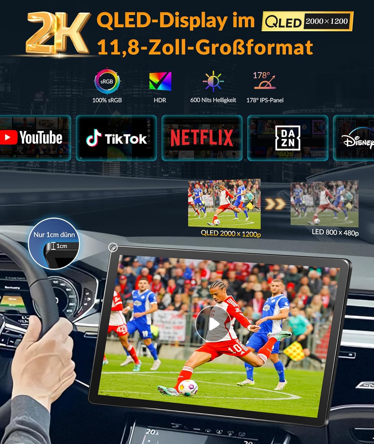 PORMIDO autoradio met scherm:11,8 inch 2K touchdisplay met DAB+ draadloze Apple CarPlay & Android Auto 1din radio 8-core 4GB+64GB Android 13 Navi WiFi Bluetooth achteruitrijcamera voor auto-upgrade