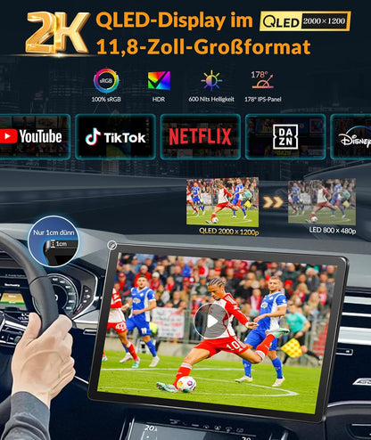 PORMIDO autoradio met scherm:11,8 inch 2K touchdisplay met DAB+ draadloze Apple CarPlay & Android Auto 1din radio 8-core 4GB+64GB Android 13 Navi WiFi Bluetooth achteruitrijcamera voor auto-upgrade