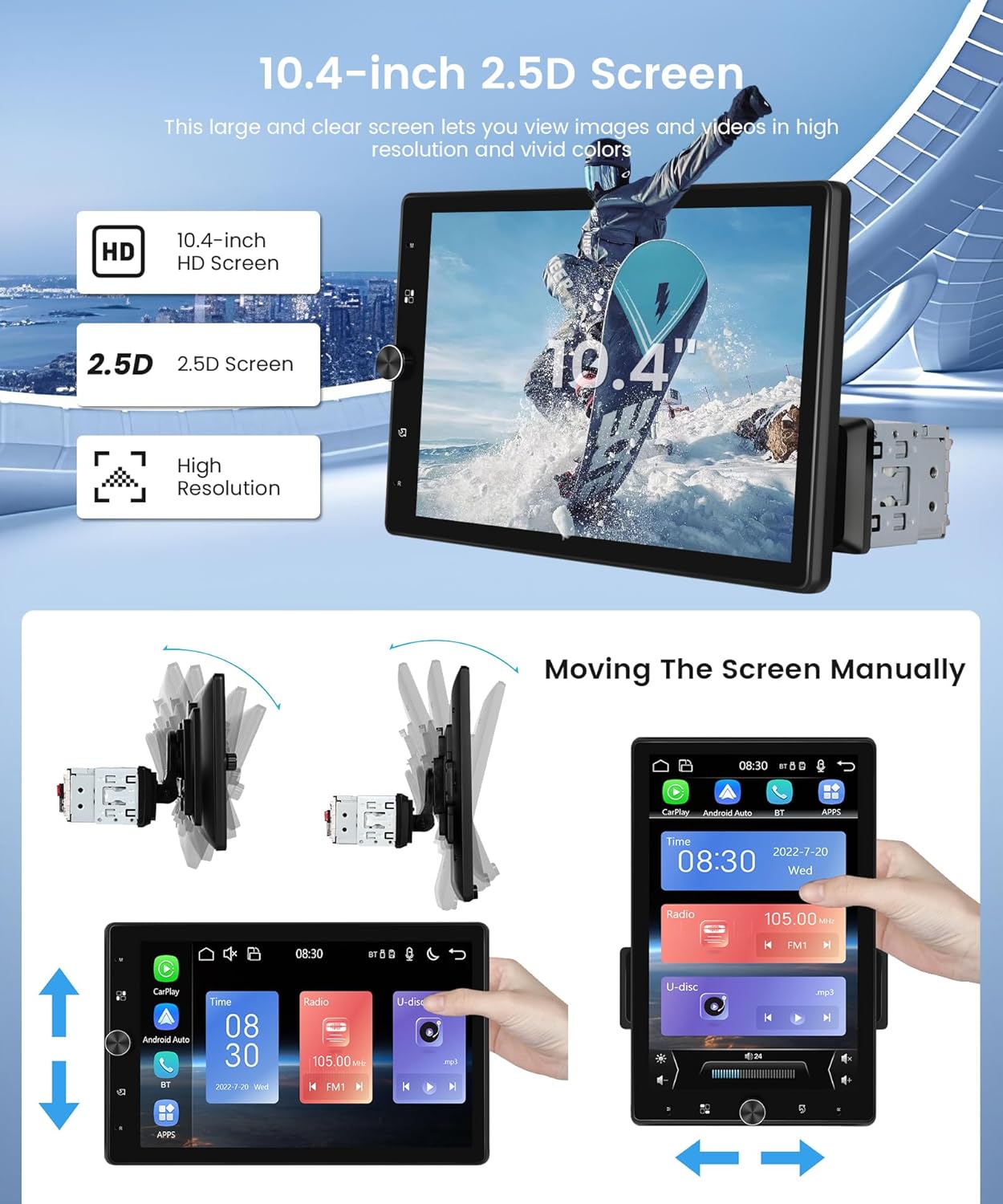 Autoradio 1 Din – Autoradio Draaibaar – Autoradio Touchscreen – Auto Multimedia Speler – Auto Radio Bluetooth – 10,4 Inch Draaibaar Touchscreen – Draadloze CarPlay & Android Auto