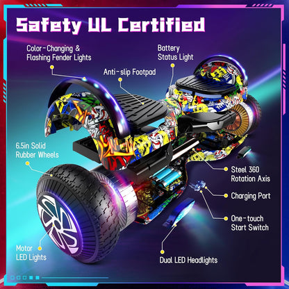 Elektrisch zelfbalancerend hoverboard met banden van 6,5 inch, dual motor, bluetooth flash wiel met ledlicht, zelfbalancerend wiel, elektrische scooter