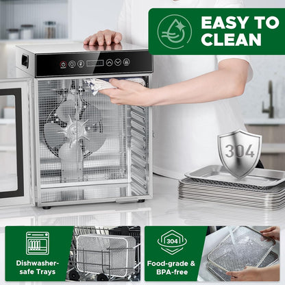 Kwasyo Voedseldehydrator 12 trays, 750W roestvrijstalen dehydrator, voedseldroger UK met digitale timer en temperatuurregeling, oververhittingsbeveiliging, receptenboek inbegrepen