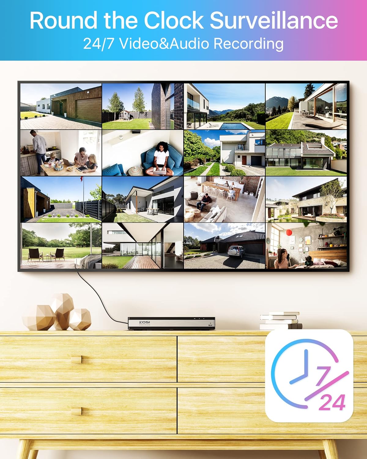 ZOSI 5MP Bewakingscameraset, Videobewaking met 8X 5MP PoE IP Camera en 16CH 4TB HDD NVR, Personendetectie en Voertuigdetectie C225