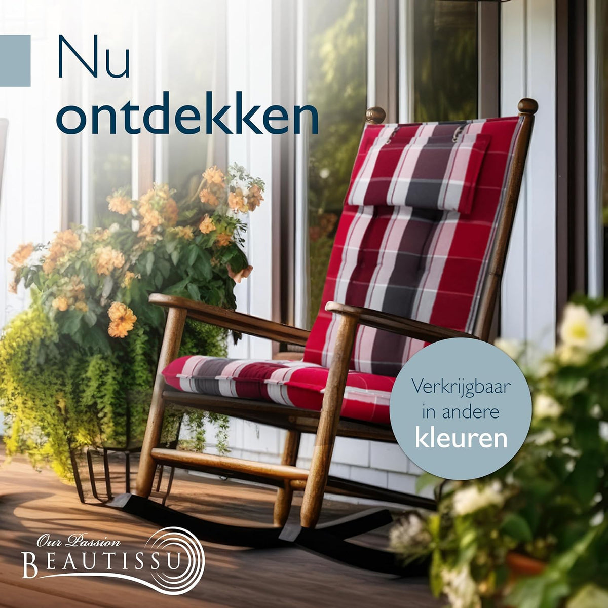 Beautissu Set van 8 Premium Hoge Rugleuning Kussen met Hoofdkussen 120x50 cm Sun-HL – UV-bestendig & 8cm Dik Kussen Tuinstoelkussen Antislip Bevestigingsbanden – Stevige Stof Rood Antraciet Gestreept
