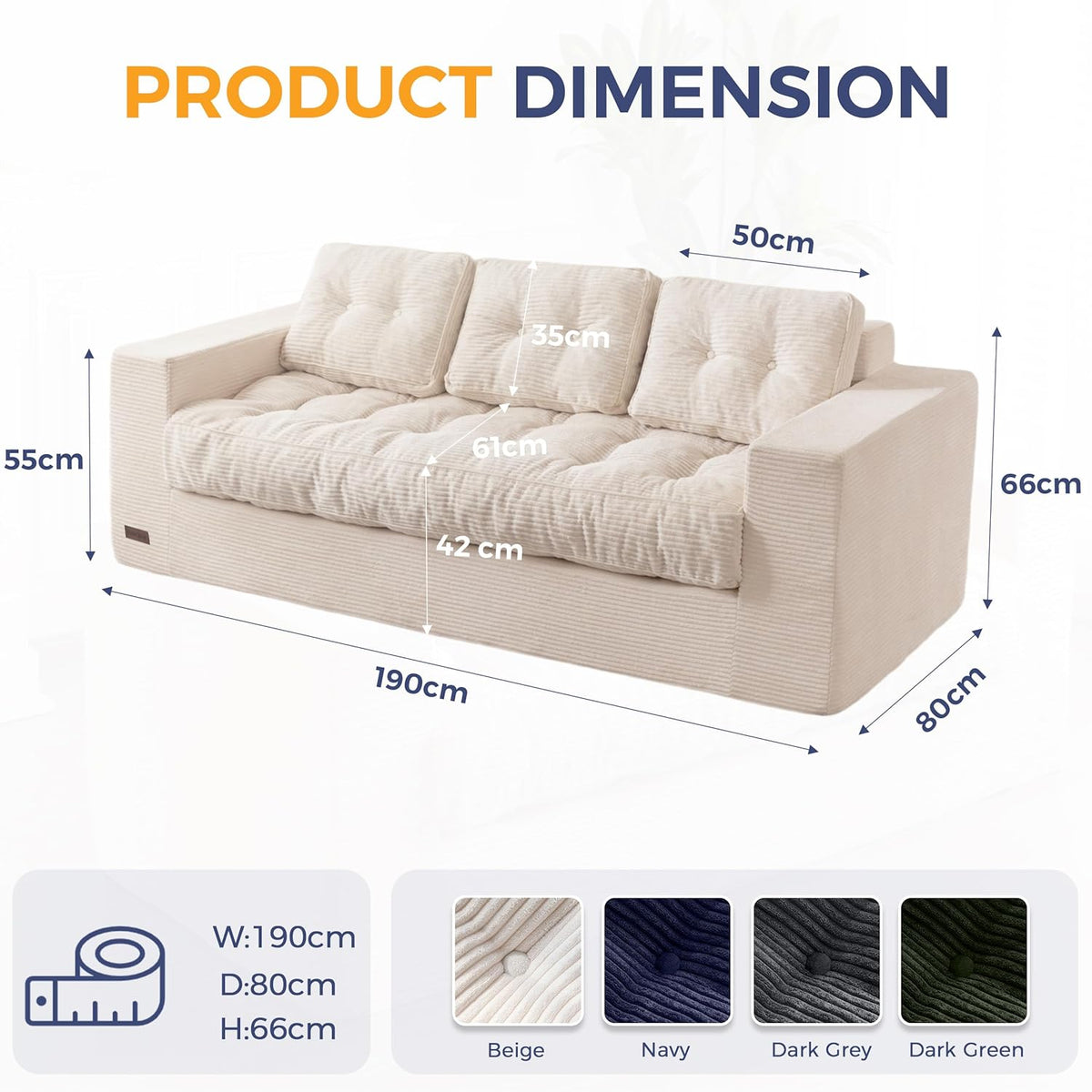 MAXYOYO 3-Zitsbank van Corduroy, Gestoffeerde Staande Fauteuil met Armleuningen, Loveseat zonder Been met Gecapitonneerd Kussen en Rugleuning, Grote Zitzak voor in de Slaapkamer en Woonkamer
