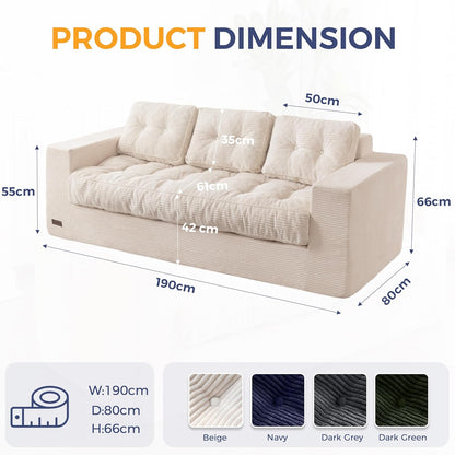 MAXYOYO 3-Zitsbank van Corduroy, Gestoffeerde Staande Fauteuil met Armleuningen, Loveseat zonder Been met Gecapitonneerd Kussen en Rugleuning, Grote Zitzak voor in de Slaapkamer en Woonkamer
