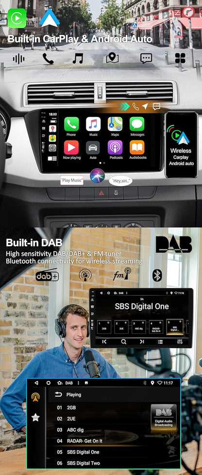 [DAB-4G+64G] Android 14 autoradio voor Skoda Fabia 2015-2021, geïntegreerde DAB+/CarPlay/Android Auto/DSP/GPS], 9 inch IPS 2.5D touchscreen-MIC + camera-USB/MirrorLink/Bluetooth