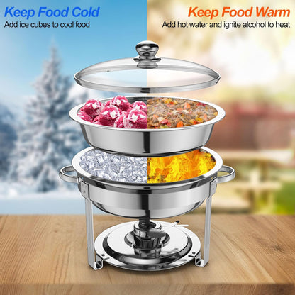 NArra 4-pack ronde 7,5 l Chafing Dish Buffet Set, voedselwarmer met glazen deksel, buffet warmer, roestvrij stalen buffet serveerborden, dikke catering hot pot voor feesten, bruiloften, picknicks