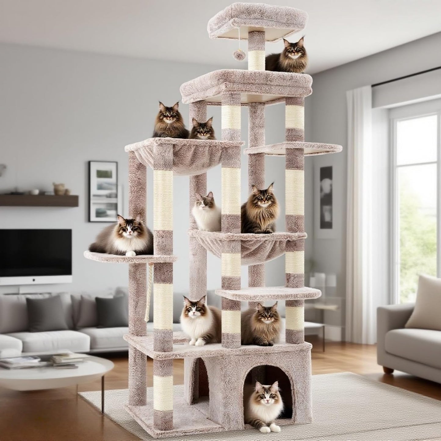 Heybly Scratching Post, 180 cm Scratching Post Large with Extremely Stable Base, XL Platform, Large Cat House, 2 Hammocks, Multi-layer Cat Furniture for Maine Coon and Other Large Cats, Brown-Beige HCT037MU - QUORE